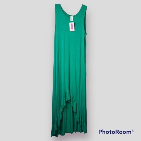 SLEEVELESS Hi Low Ruffle Hem Solid Kelly Green Round Neck Maxi Dress Size S - Picture 14 of 16